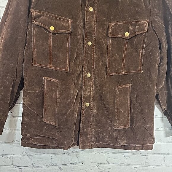 Vintage 70's Suede Jacket Mens Sz L Brown Sherpa Lined Multi-Pocket Snap Up Flaw - Picture 3 of 11